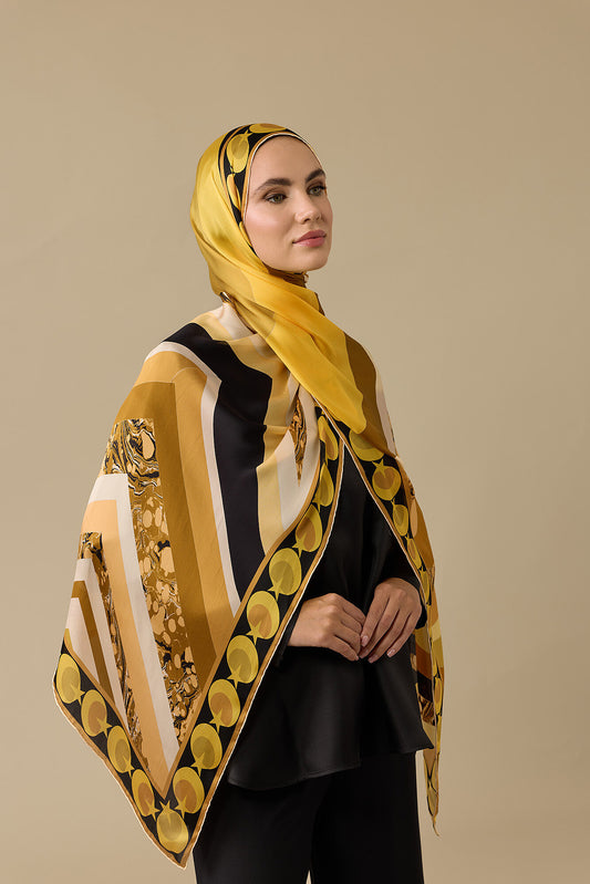 Çizgi Ayla Yıldız Sarı Şifon İpek Şal 70x210