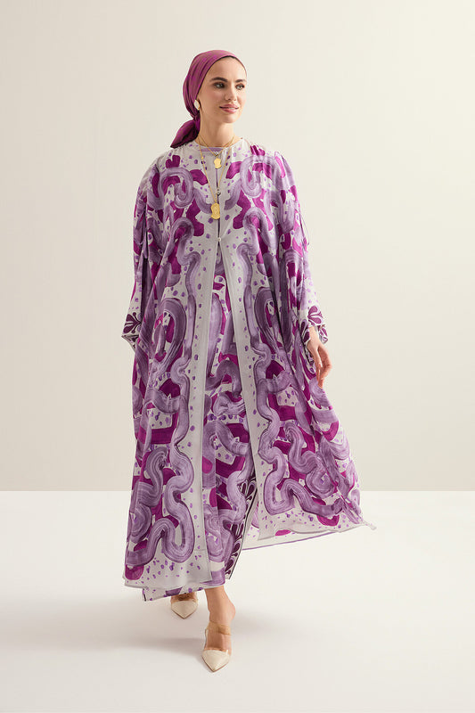 Dere Yolu Lila-Fuşya Krep İpek Abaya