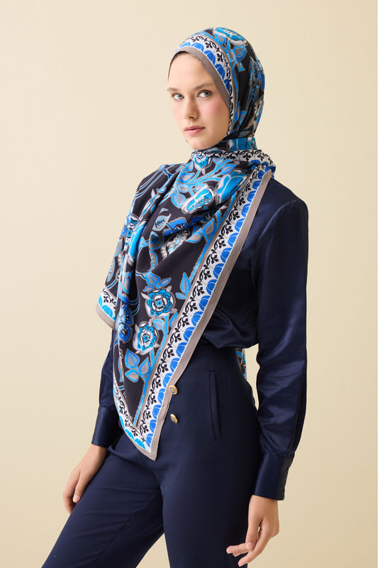 Gül Sarmaşık Saks-Siyah Floş Viskon Şal 70x210