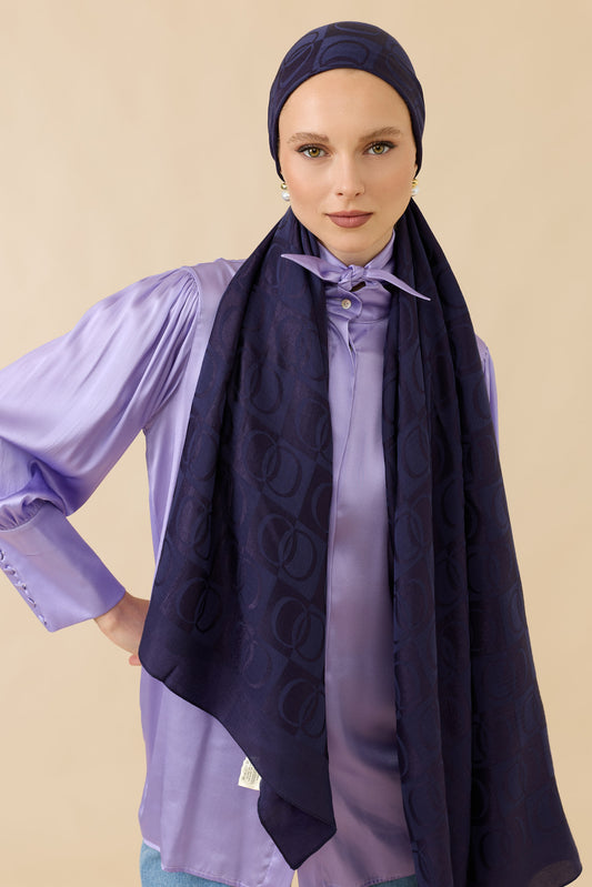 Dama Desen Lacivert Naia Pamuk Şal 70x200