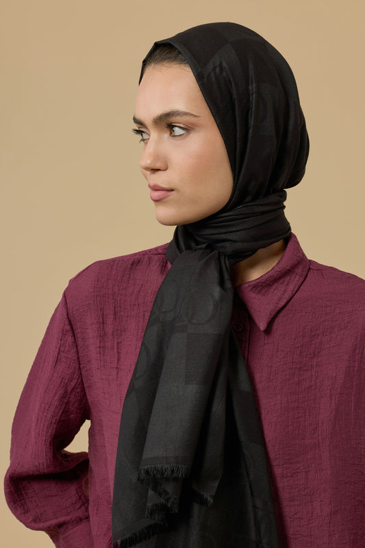 Dama Desen Siyah Pamuk İpek Şal 70x190