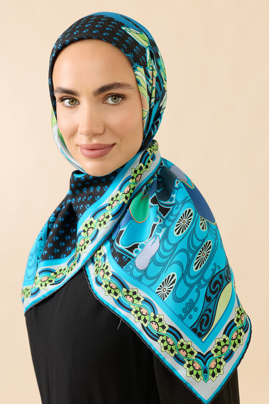 Nilüfer Siyah-Mavi Tivil İpek Eşarp 90x90