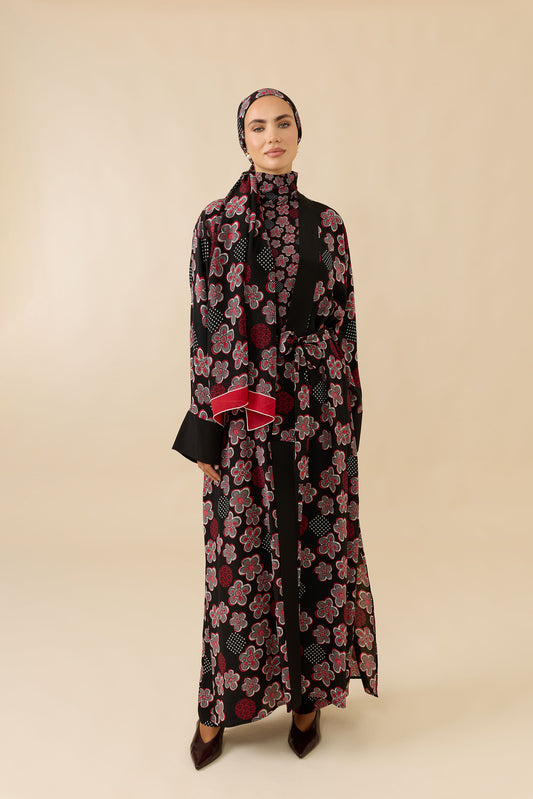 Kar Taneleri Siyah-Kırmızı Tivil İpek Uzun Kimono
