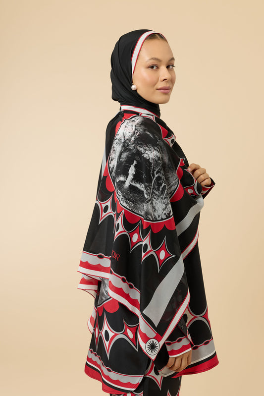 Japon Bahçesi Siyah-Kırmızı Krep İpek Şal 70x210