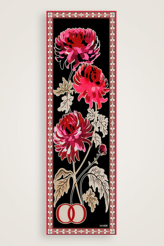 Krizantem Siyah-Kırmızı Krep İpek Şal 70x210