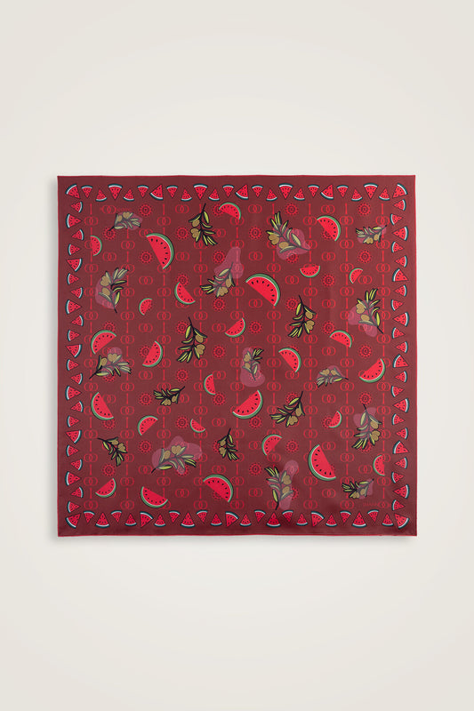 Karpuz Desen Bordo Tivil İpek Eşarp 90x90