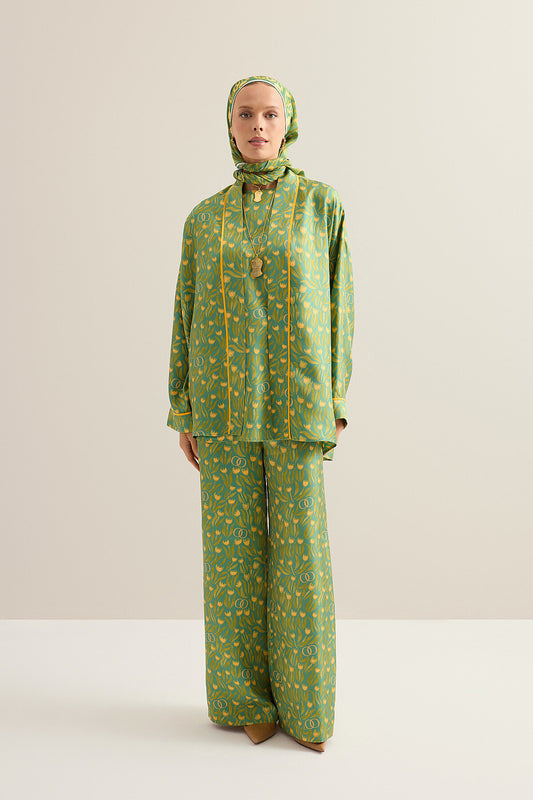 Lale Tarlası Yeşil Krep İpek Kısa Kimono