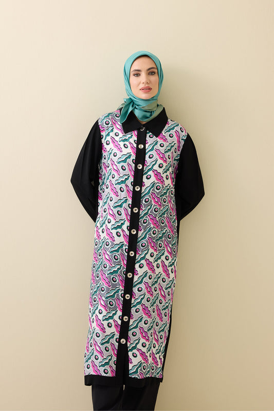 Pelenk Siyah-Pembe İpek Triko Gömlek Elbise