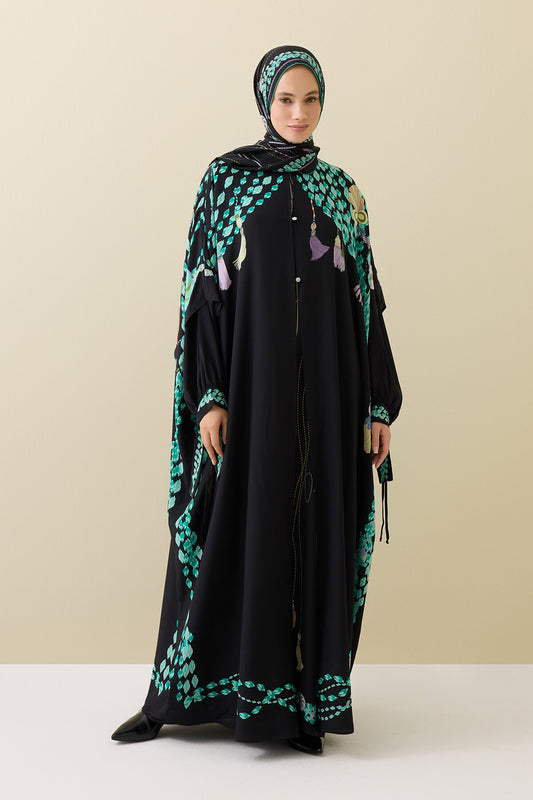 Püskül Noor Siyah-Yeşil Krep İpek Abaya