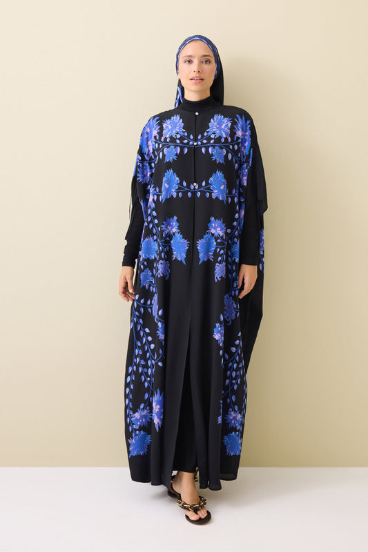 Şakayık Siyah-Saks İpek Abaya