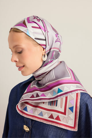 Afrika Gri-Pembe/Bej-Kırmızı Çift Taraflı Tivil İpek Eşarp 94x94