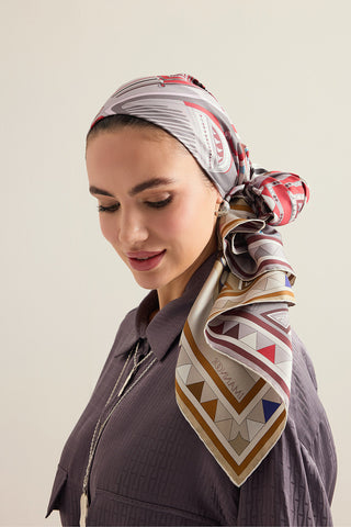 Afrika Haki/Gri-Kırmızı Çift Taraflı Tivil İpek Eşarp 94x94