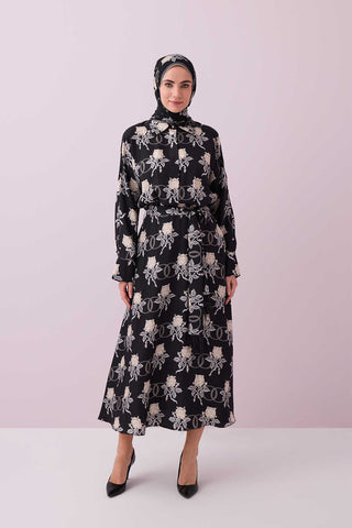 Aşk Bel Detaylı Siyah Tivil İpek Elbise