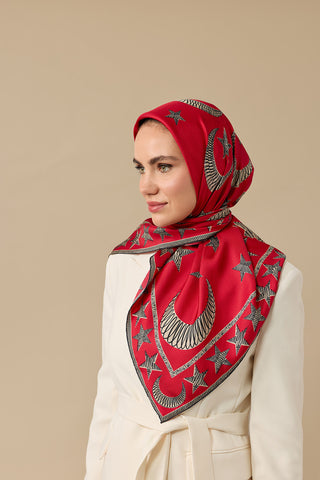 Ayla Yıldız Kırmızı Tivil İpek Eşarp 90x90