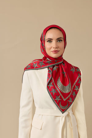 Ayla Yıldız Kırmızı Tivil İpek Eşarp 90x90