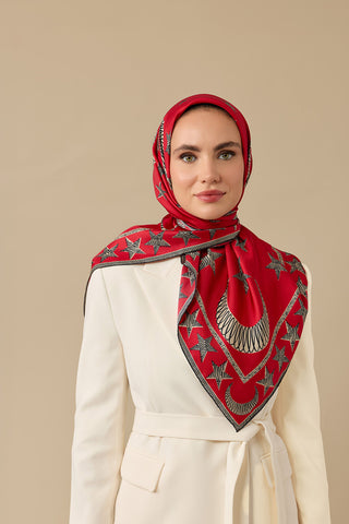 Ayla Yıldız Kırmızı Tivil İpek Eşarp 90x90