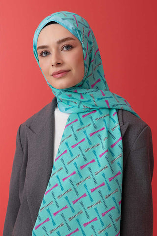 Benekli Logo Turkuaz Floş Viskon Şal 70x210