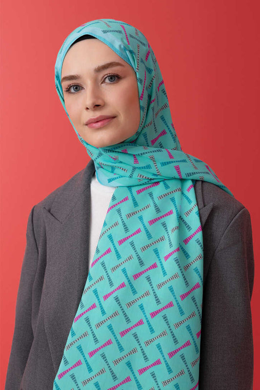 Benekli Logo Turkuaz Floş Viskon Şal 70x210
