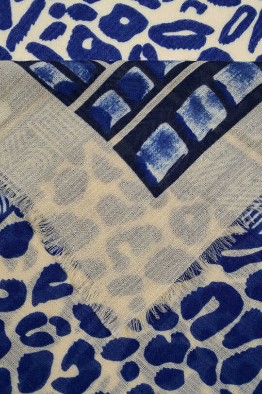 Bordür Leopar Saks Mavi Yün İpek Şal 100x200