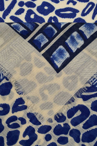 Bordür Leopar Saks Mavi Yün İpek Şal 100x200