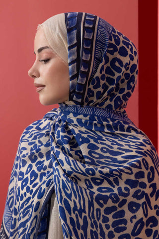 Bordür Leopar Saks Mavi Yün İpek Şal 100x200
