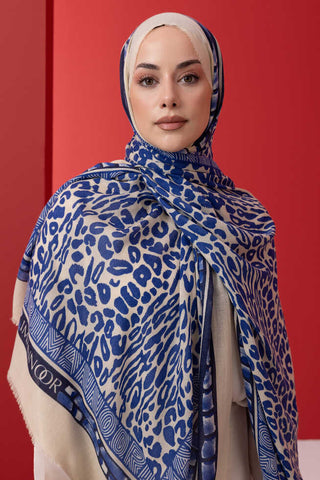 Bordür Leopar Saks Mavi Yün İpek Şal 100x200
