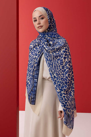 Bordür Leopar Saks Mavi Yün İpek Şal 100x200