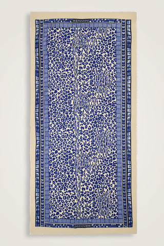 Bordür Leopar Saks Mavi Yün İpek Şal 100x200