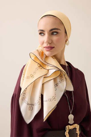 Bordür Noor Beyaz-Krem Çift Taraflı Twill İpek Eşarp 94x94