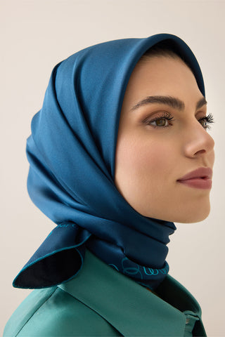 Bordür Noor Siyah-Petrol Çift Taraflı Twill İpek Eşarp 94x94