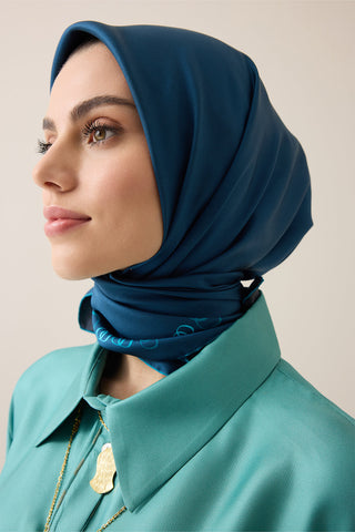 Bordür Noor Siyah-Petrol Çift Taraflı Twill İpek Eşarp 94x94