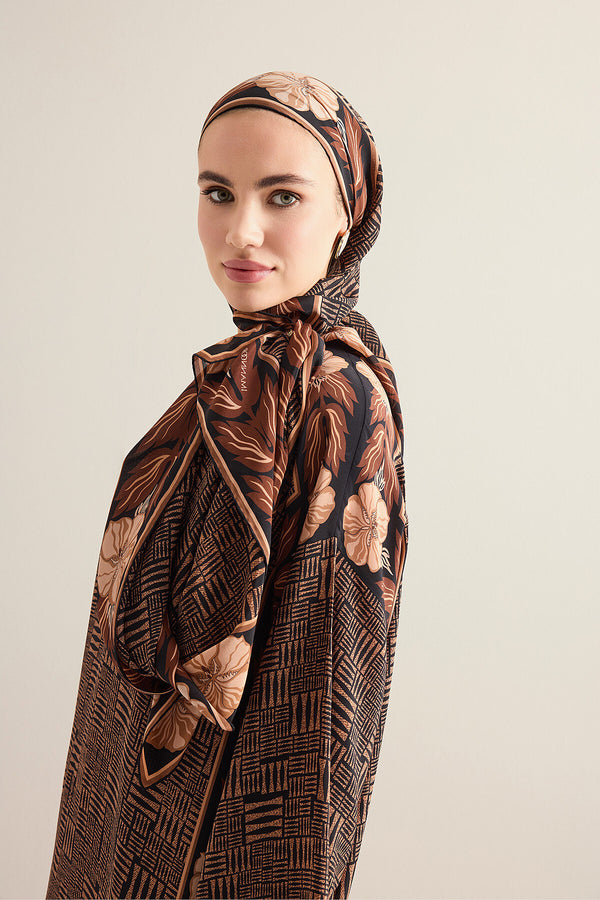 Textured Stone Wall with Floral Border Copper Crepe Silk Scarf