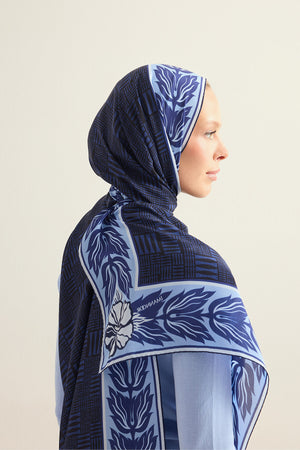 Floral Bordered Textured Stone Wall Navy Crepe Silk Scarf