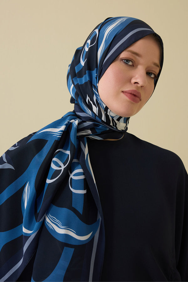 Flower Road Navy Blue Silk Shirt Dress Shawl