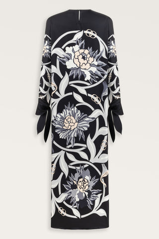 Çiçek Yolu Manşet Detaylı Siyah-Gri Tivil İpek Elbise