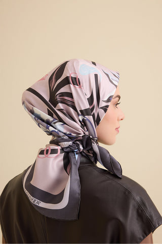 Çiçek Yolu Mavi-Pembe Tivil İpek Eşarp 94x94
