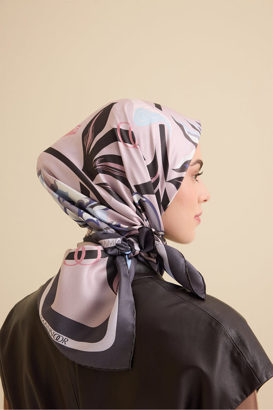 Çiçek Yolu Mavi-Pembe Tivil İpek Eşarp 94x94