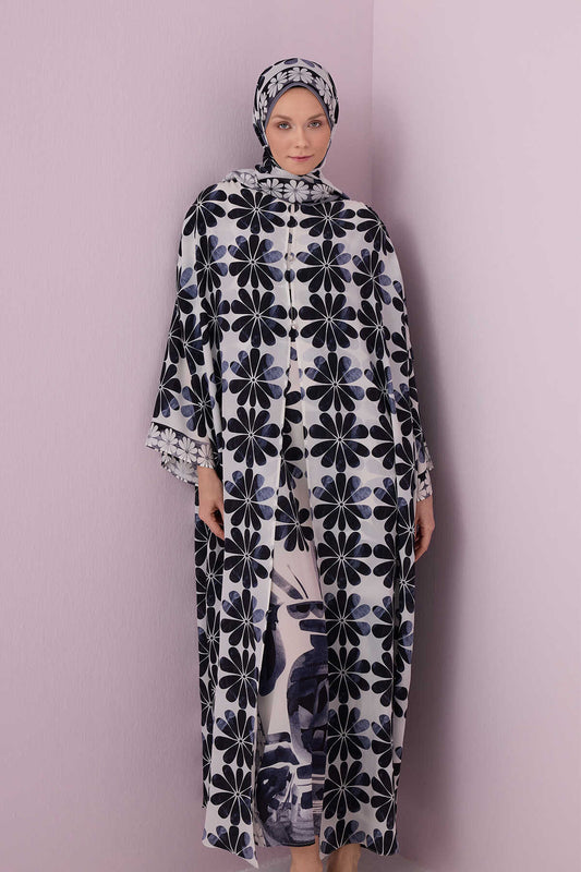 Çift Saksı Beyaz Krep İpek Abaya