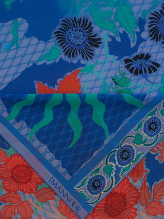 Çit Mavi Krep İpek Kaftan Şal 80x210