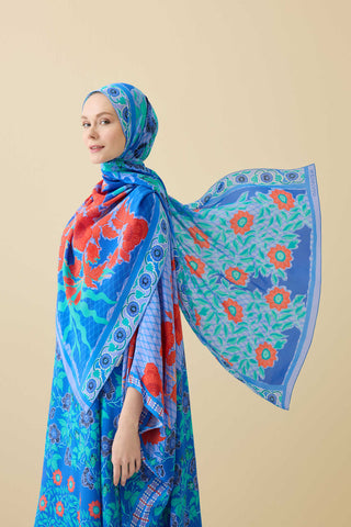 Çit Mavi Krep İpek Kaftan Şal 80x210