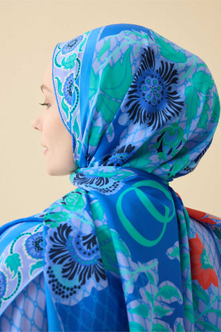 Çit Mavi Krep İpek Kaftan Şal 80x210