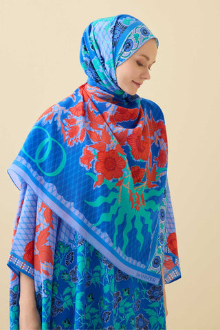 Çit Mavi Krep İpek Kaftan Şal 80x210