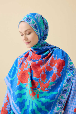 Çit Mavi Krep İpek Kaftan Şal 80x210