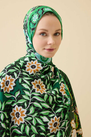 Çit Yeşil Krep İpek Kaftan Şal 80x210