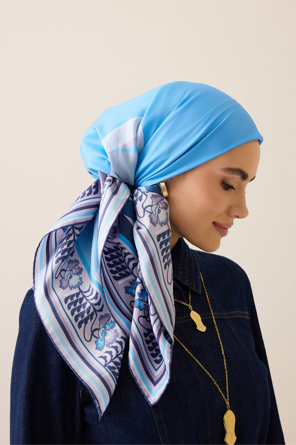 Waves Blue Twill Silk Scarf