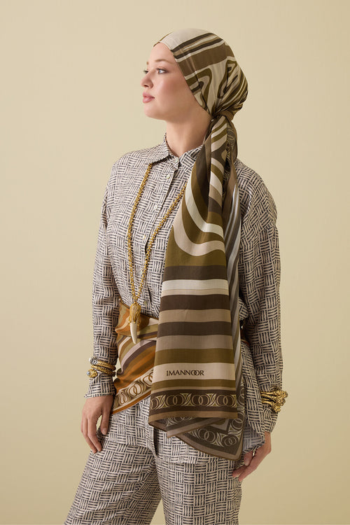 Noor with Waves Khaki Viscose Shawl