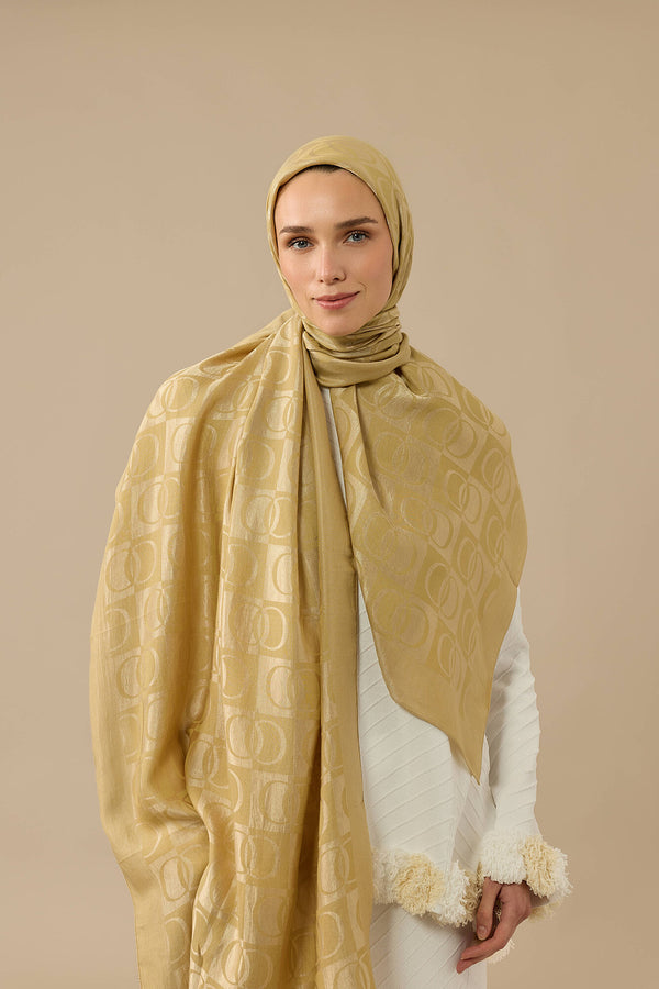 Checkerboard Pattern Naia Cotton Shawl Gold