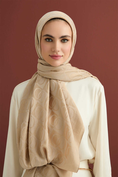 Checkerboard Pattern Naia Cotton Shawl Beige