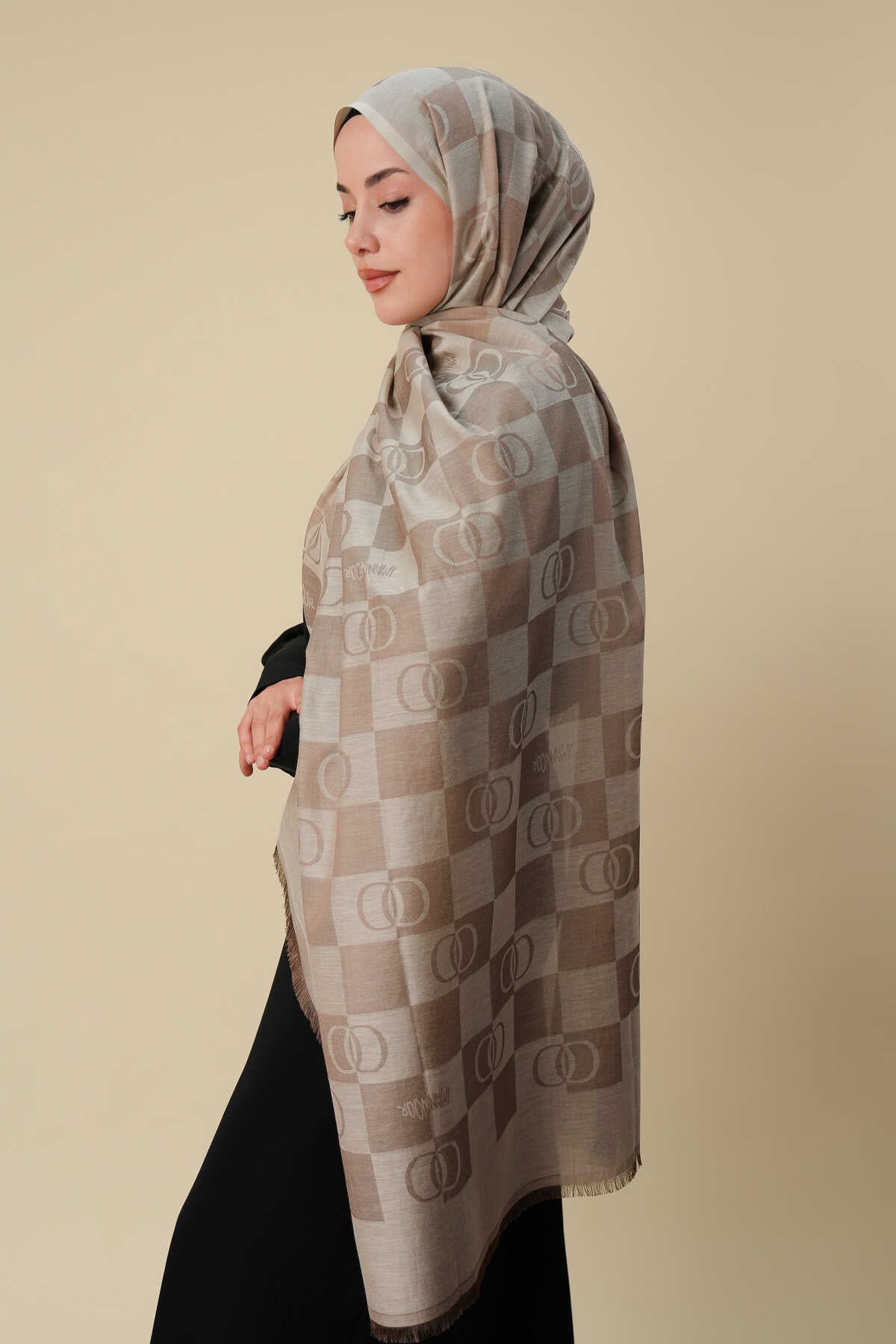 Dama Desen Bej Pamuk İpek Şal 70x190