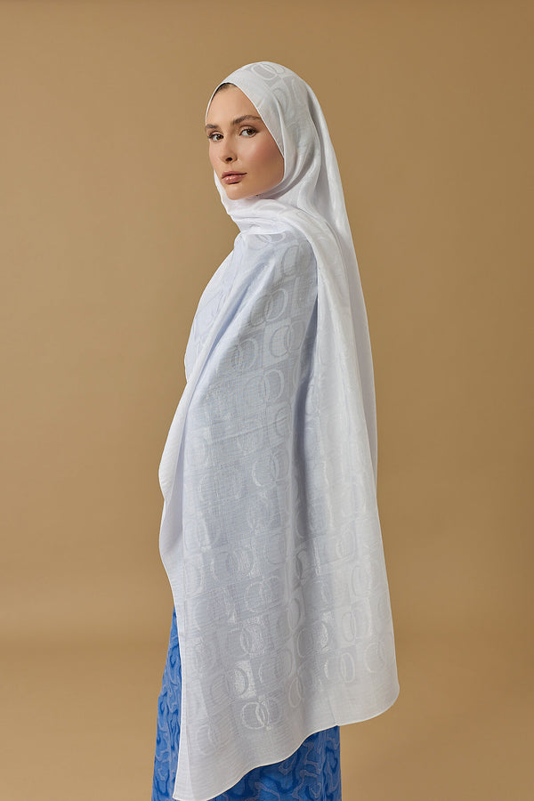 Checkerboard Pattern Naia Cotton Shawl White